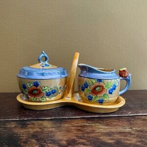 Vintage Hand Painted Japan Creamer Sugar‎ Bowl Set Floral Bird Handle Condiment